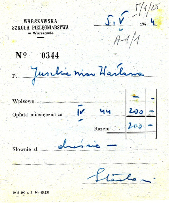 WSP – Juszkiewicz Wacława – rachunek, wpisowe, ze zbiorów Centralnego Archiwum Pielęgniarstwa Polskiego przy PTP