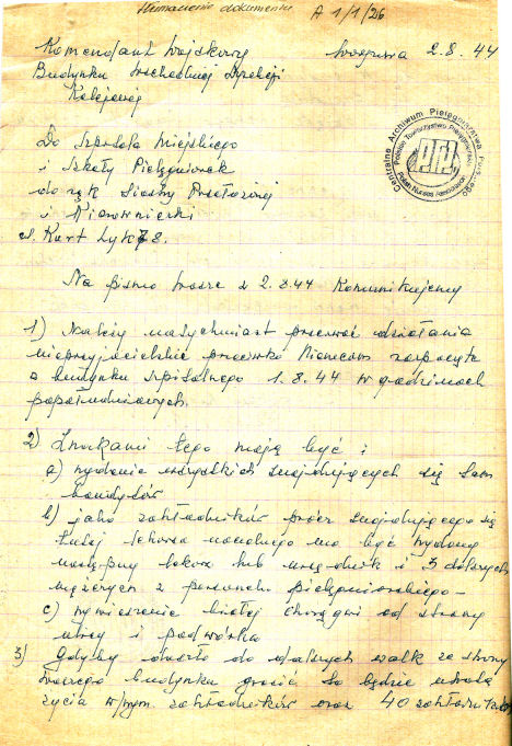 Komunikat z dnia 2.08.1944 o natychmiastowym przerwaniu działań przeciwko Niemcom w budynku szpitala, ze zbiorów Centralnego Archiwum Pielęgniarstwa Polskiego przy PTP