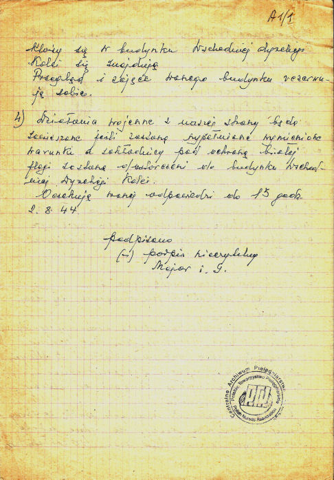 Komunikat z dnia 2.08.1944 o natychmiastowym przerwaniu działań przeciwko Niemcom w budynku szpitala, ze zbiorów Centralnego Archiwum Pielęgniarstwa Polskiego przy PTP