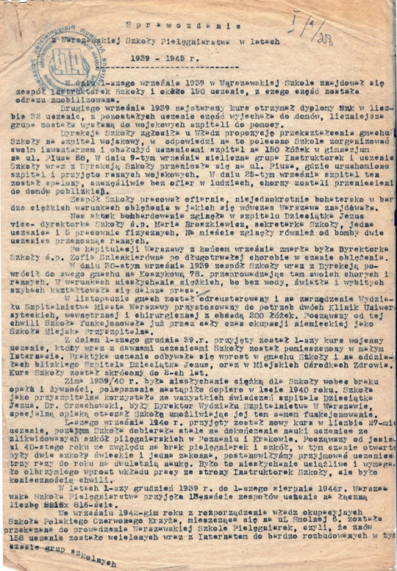 Sprawozdanie Z WSP 1939 – 1945 (str. 1), ze zbiorów Centralnego Archiwum Pielęgniarstwa Polskiego przy PTP