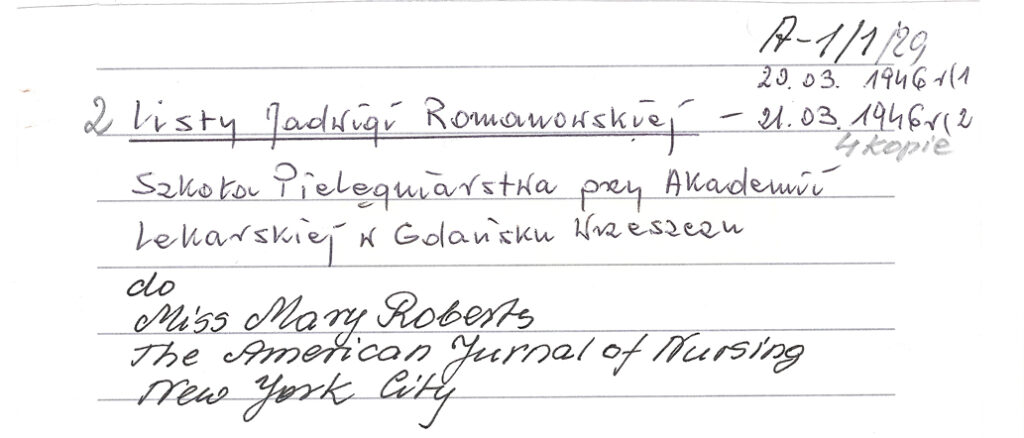 Listy Jadwigi Romanowskiej do Miss Mary Roberts 1946 rok (5 str), ze zbiorów Centralnego Archiwum Pielęgniarstwa Polskiego przy PTP