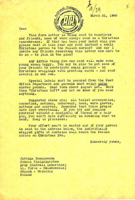 Listy Jadwigi Romanowskiej do Miss Mary Roberts 1946 rok (5 str), ze zbiorów Centralnego Archiwum Pielęgniarstwa Polskiego przy PTP